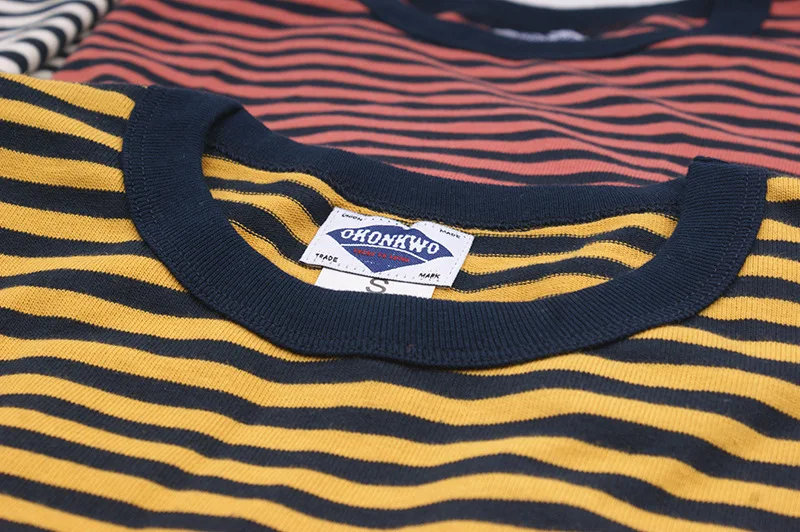 Ok8105 Men T-Shirt Summer Personality Fashion Youth Slim Fit Round Neck Color Matching Pinstripe Short Sleeve Thick Pullover Tee