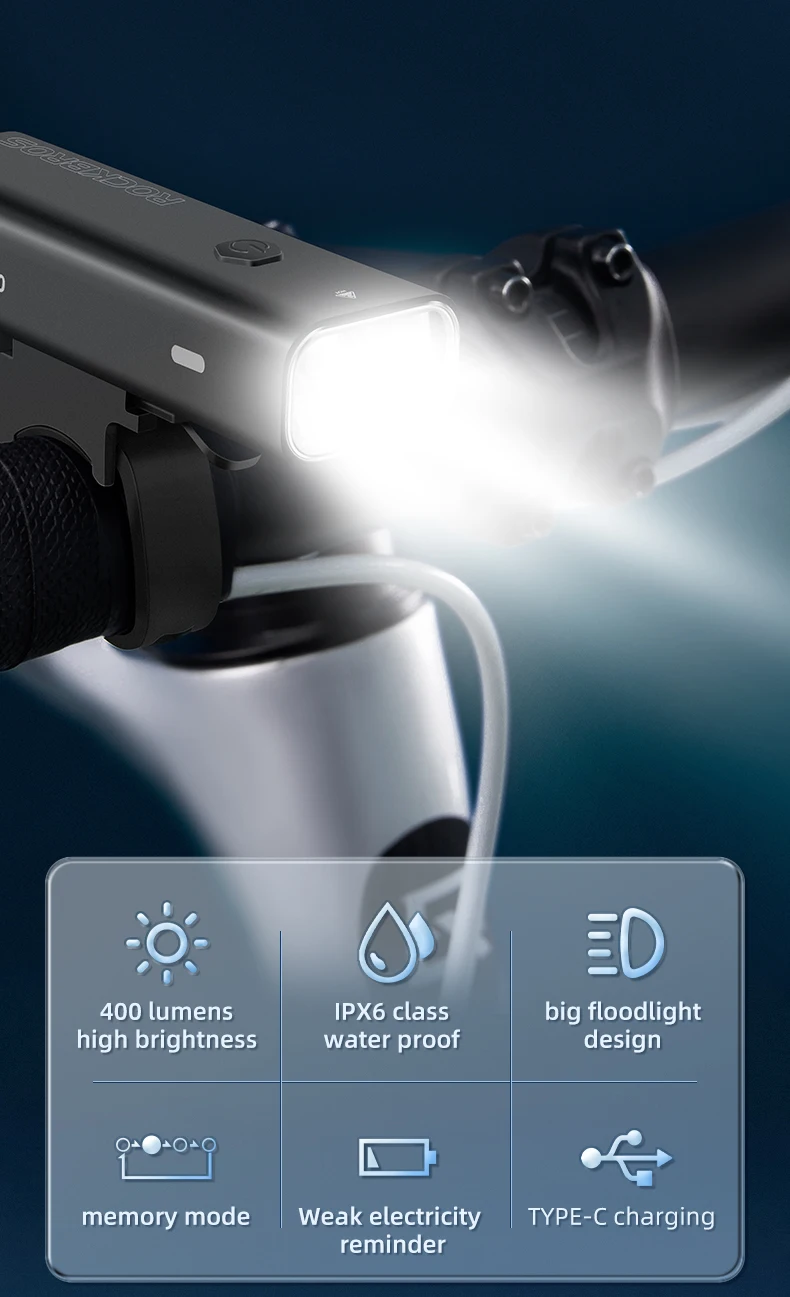 ROCKBROS 200LM 400LM Bike Light Type-C Charging LED Cycling Front Lamp Headlight Aluminum MTB Road Flashlight Bicycle Light