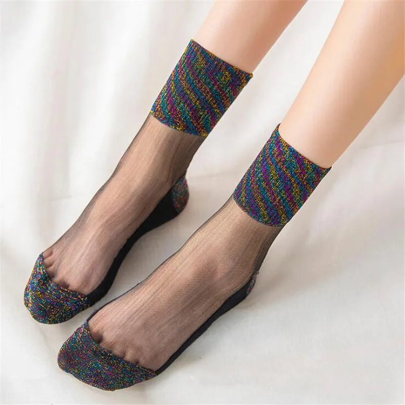Summer Fashion Women Ultrathin Transparent Socks Glitter Crystal Glass Silk Socks Beautiful Lace Shiny Elastic Short Socks Meias