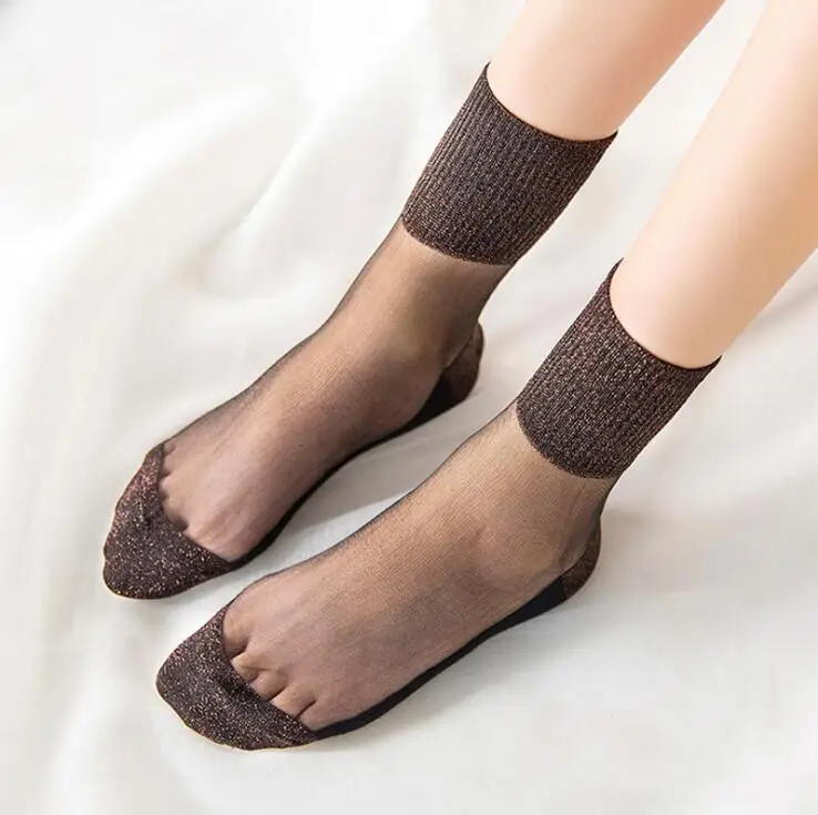 Summer Fashion Women Ultrathin Transparent Socks Glitter Crystal Glass Silk Socks Beautiful Lace Shiny Elastic Short Socks Meias