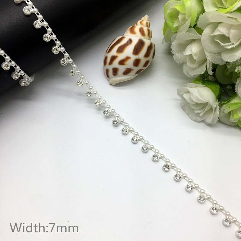 1 yard Rhinestone Chain Pearl Crystal Chain Sew On Trims Wedding Dress Costume Applique #ZL01-25