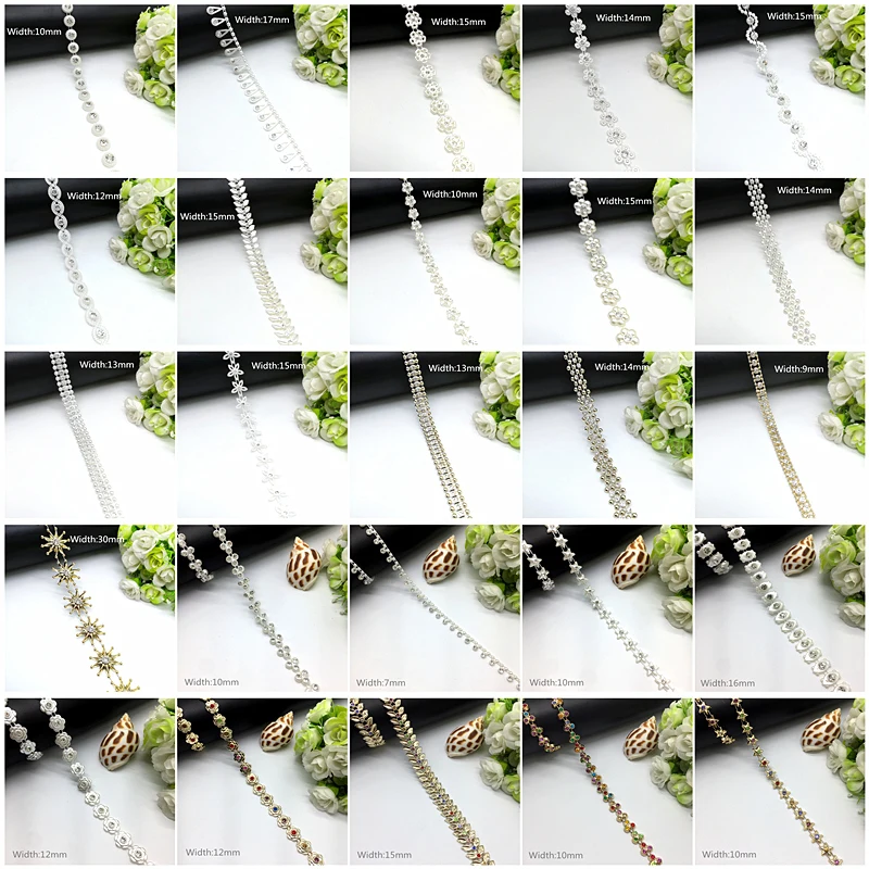 1 yard Rhinestone Chain Pearl Crystal Chain Sew On Trims Wedding Dress Costume Applique #ZL01-25