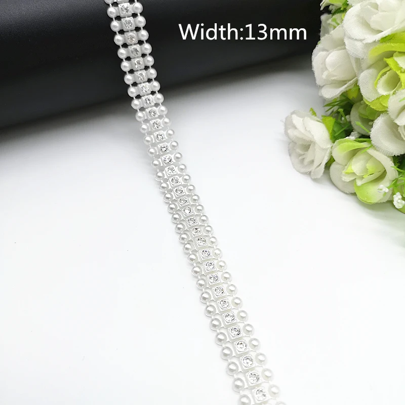 1 yard Rhinestone Chain Pearl Crystal Chain Sew On Trims Wedding Dress Costume Applique #ZL01-25