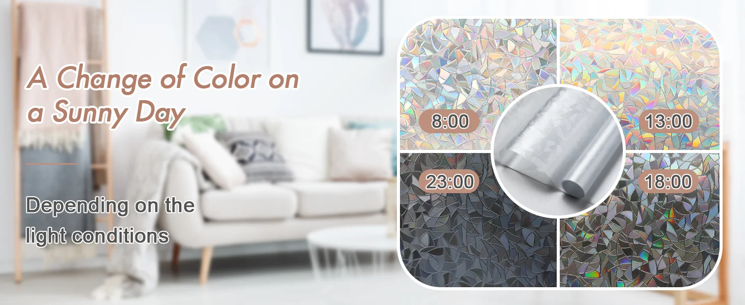 Window Privacy Film Rainbow Static Cling Stained Glass Film Window Covering Sticker Non-Adhesive Removable Reflective for Home