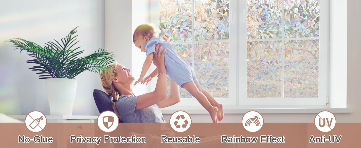 Window Privacy Film Rainbow Static Cling Stained Glass Film Window Covering Sticker Non-Adhesive Removable Reflective for Home