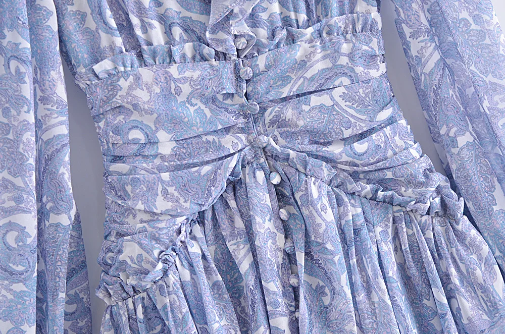 Blue Floral Print Chiffon Mini Dress Women Wood Ears Ruffles V Neck Open Buttons Slim Ruched Waist Long Sleeve Holiday Robe