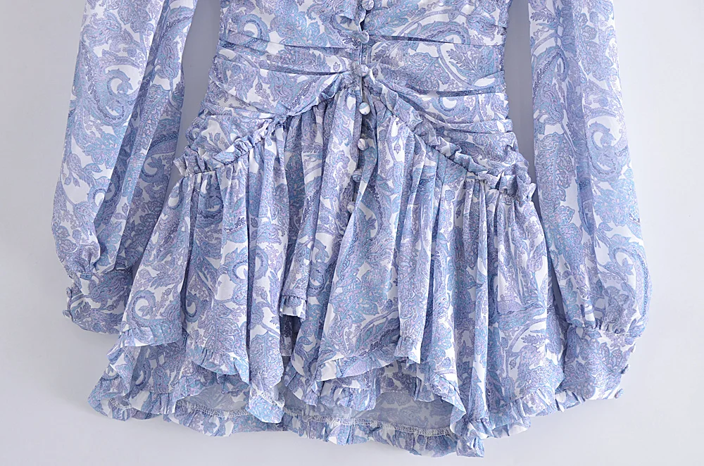Blue Floral Print Chiffon Mini Dress Women Wood Ears Ruffles V Neck Open Buttons Slim Ruched Waist Long Sleeve Holiday Robe