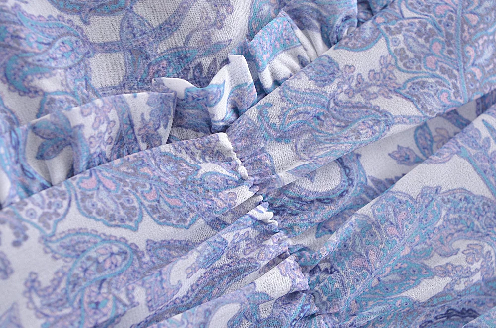 Blue Floral Print Chiffon Mini Dress Women Wood Ears Ruffles V Neck Open Buttons Slim Ruched Waist Long Sleeve Holiday Robe