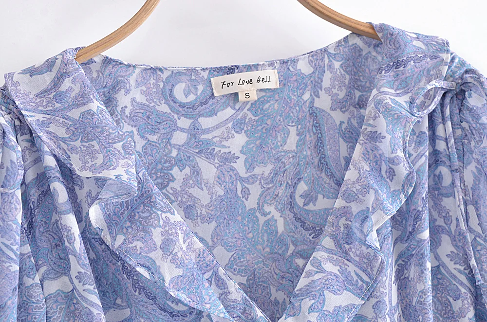 Blue Floral Print Chiffon Mini Dress Women Wood Ears Ruffles V Neck Open Buttons Slim Ruched Waist Long Sleeve Holiday Robe