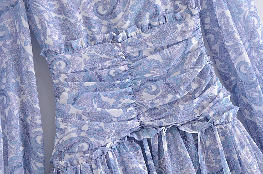 Blue Floral Print Chiffon Mini Dress Women Wood Ears Ruffles V Neck Open Buttons Slim Ruched Waist Long Sleeve Holiday Robe
