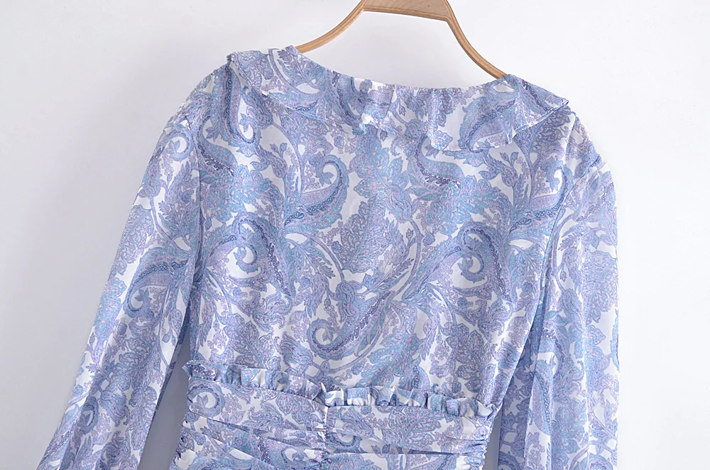 Blue Floral Print Chiffon Mini Dress Women Wood Ears Ruffles V Neck Open Buttons Slim Ruched Waist Long Sleeve Holiday Robe