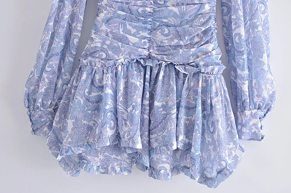 Blue Floral Print Chiffon Mini Dress Women Wood Ears Ruffles V Neck Open Buttons Slim Ruched Waist Long Sleeve Holiday Robe