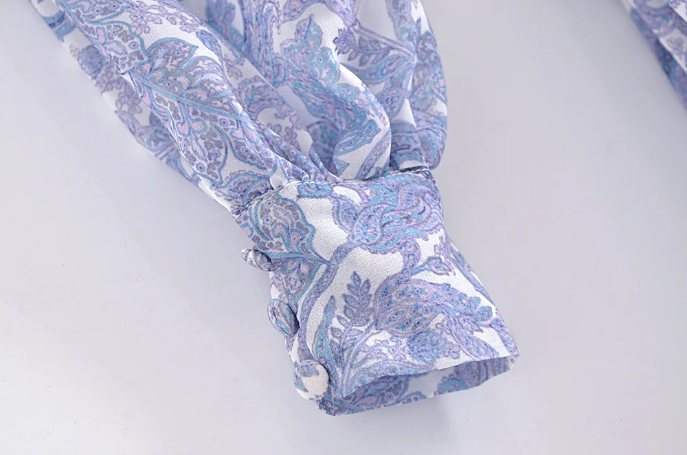 Blue Floral Print Chiffon Mini Dress Women Wood Ears Ruffles V Neck Open Buttons Slim Ruched Waist Long Sleeve Holiday Robe
