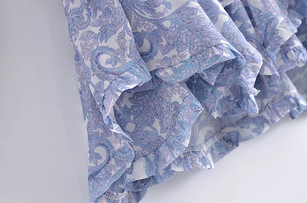 Blue Floral Print Chiffon Mini Dress Women Wood Ears Ruffles V Neck Open Buttons Slim Ruched Waist Long Sleeve Holiday Robe