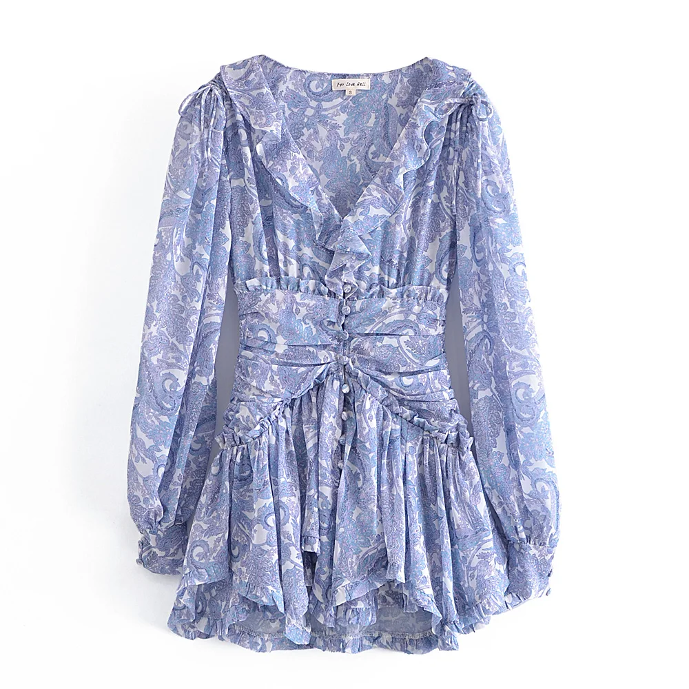 Blue Floral Print Chiffon Mini Dress Women Wood Ears Ruffles V Neck Open Buttons Slim Ruched Waist Long Sleeve Holiday Robe