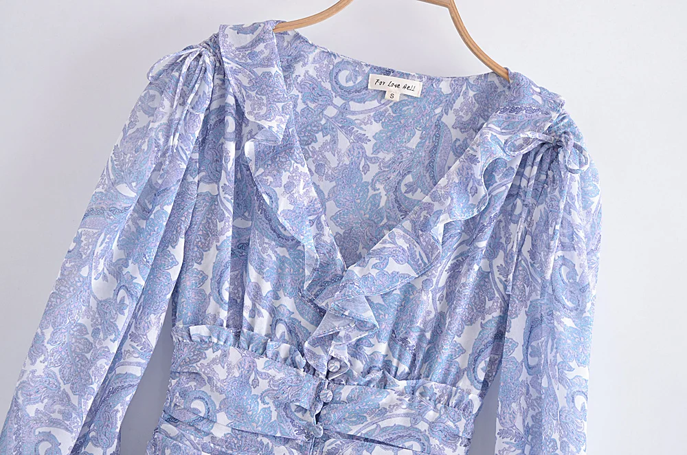 Blue Floral Print Chiffon Mini Dress Women Wood Ears Ruffles V Neck Open Buttons Slim Ruched Waist Long Sleeve Holiday Robe