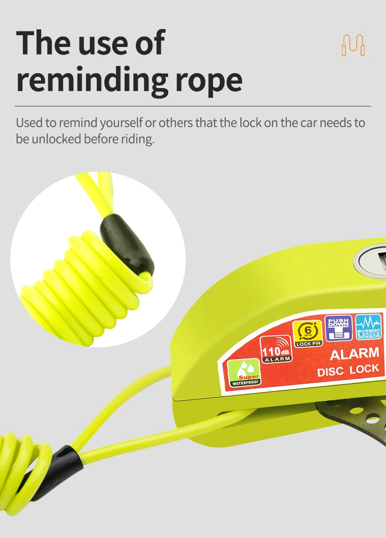 Motorcycle Bicycle Lock Alarm Safety Protection Padlock Disc Aluminum Alloy Anti-Theft Reminder Rope Lock Bag Motorcycle Accesso