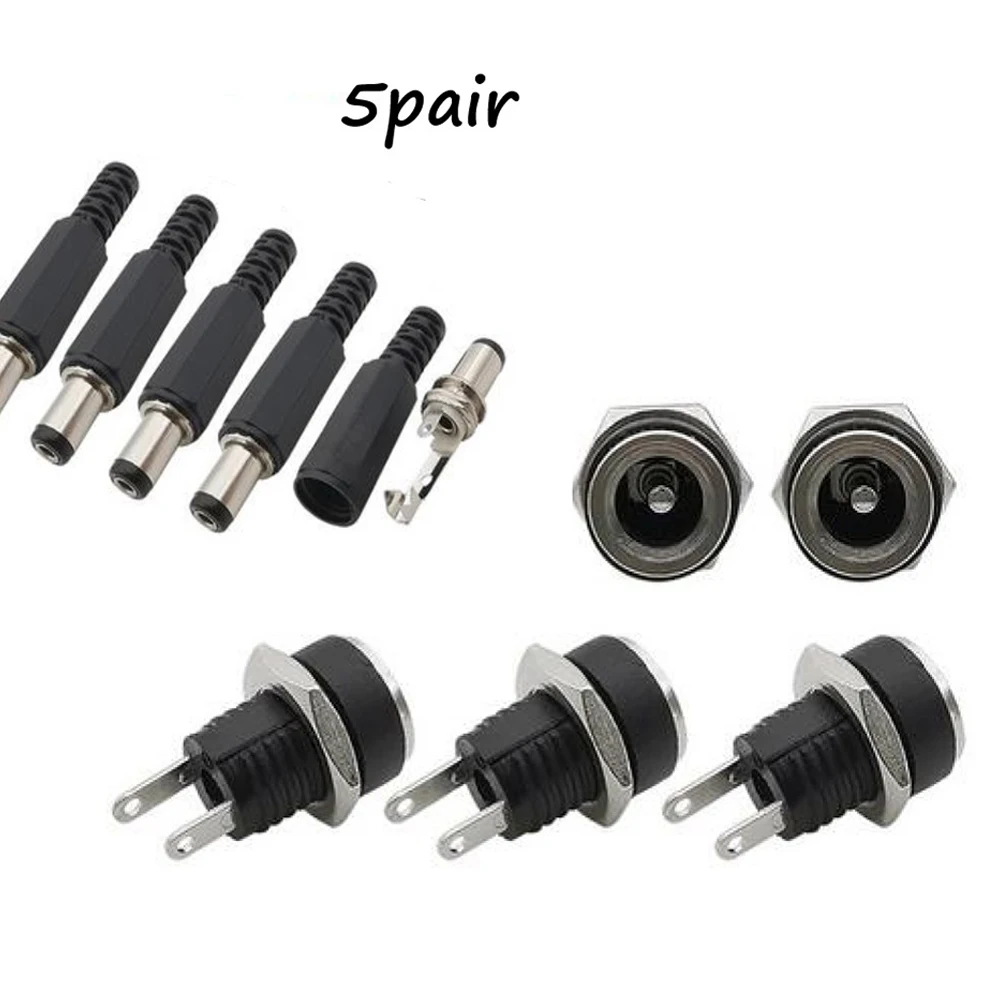 5 Pair DC 12V Male Female Socket Panel Mount Barrels Jack Plug Power Connector Female Jack Screw Nut Panel Mount Connector