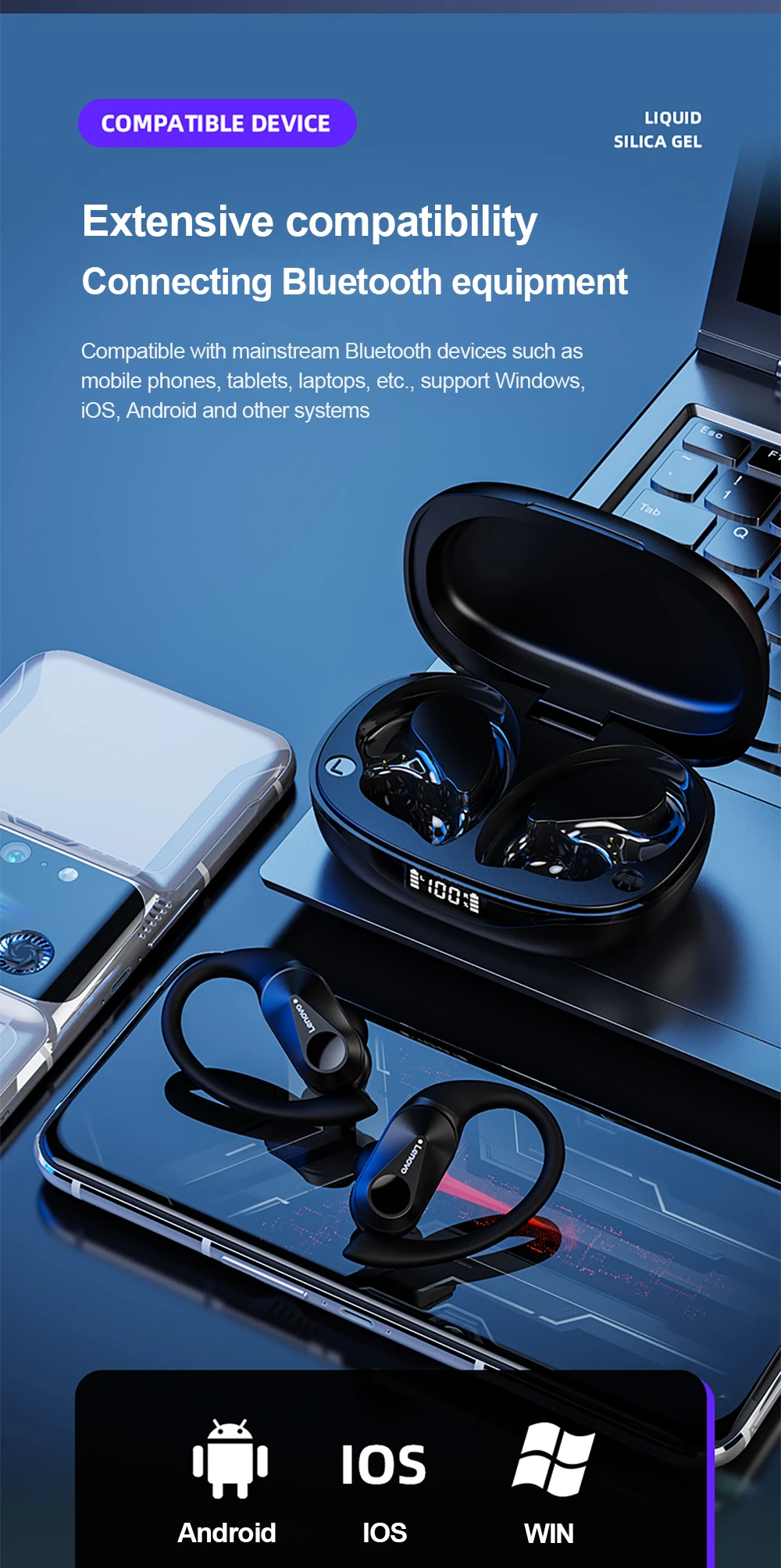 Lenovo LP75 Sports Wireless Earphones with Mics,Button Control, LED Power Display,Hifi Stereo Sound Bluetooth 5.3 TWS Headphones