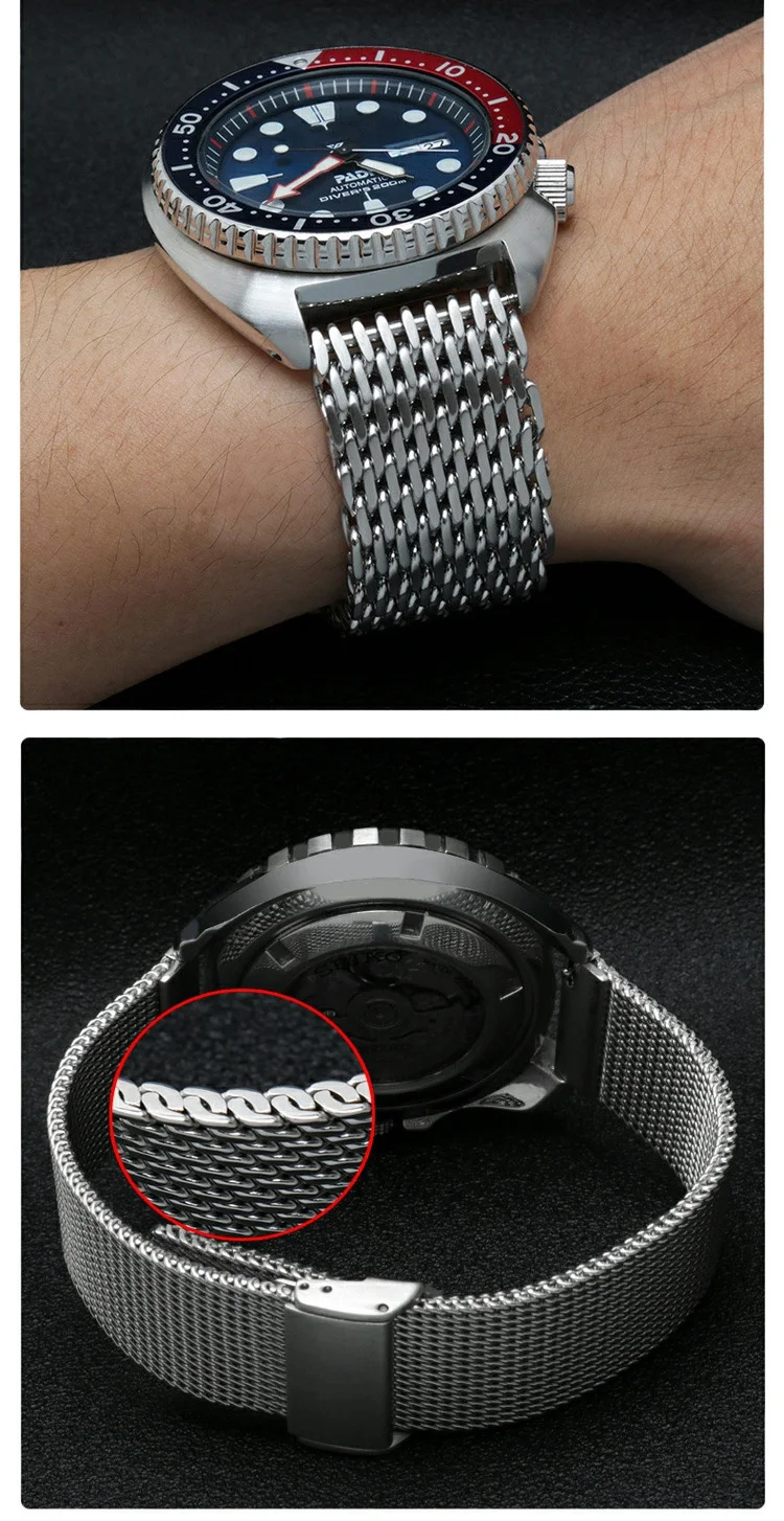 20/22/24mm Steel Dive Shark Mesh for Milanese Watch Bracelet Strap Band Weaving Double Snap Strap for Breitling Omega