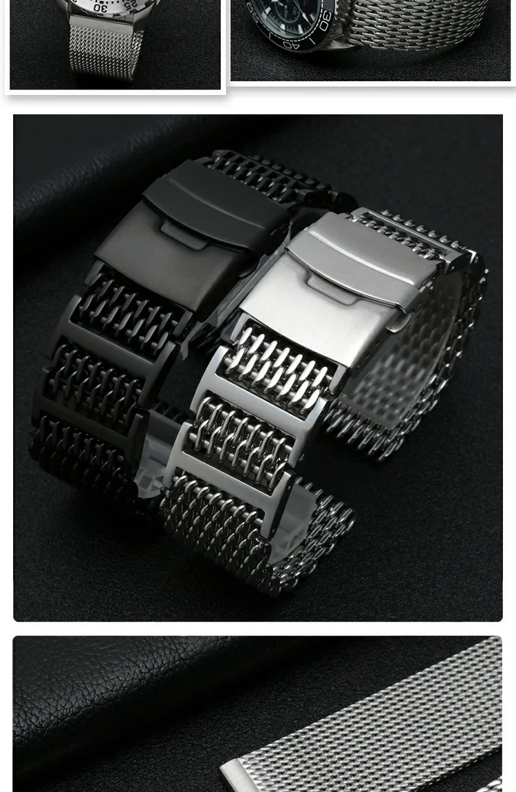 20/22/24mm Steel Dive Shark Mesh for Milanese Watch Bracelet Strap Band Weaving Double Snap Strap for Breitling Omega
