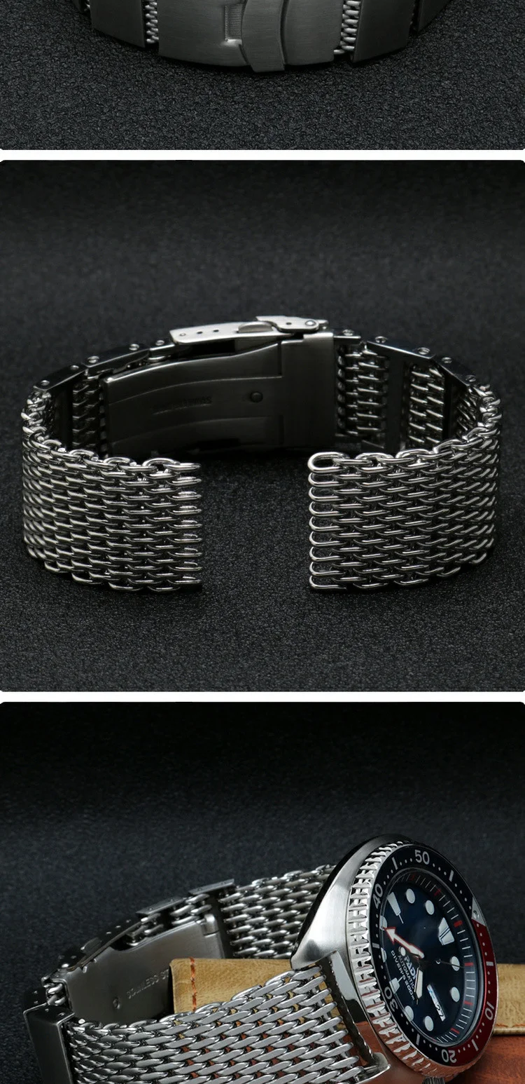 20/22/24mm Steel Dive Shark Mesh for Milanese Watch Bracelet Strap Band Weaving Double Snap Strap for Breitling Omega