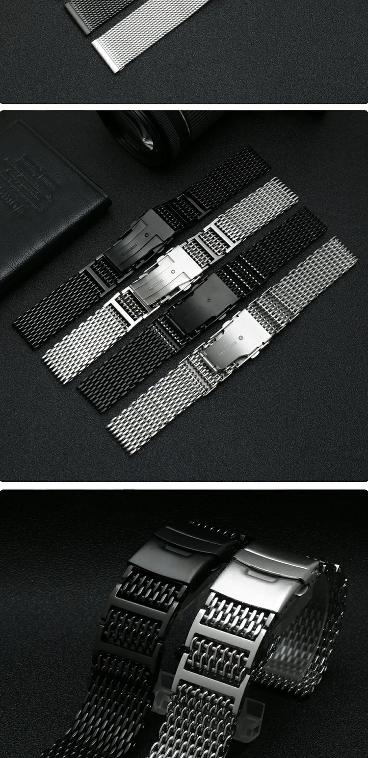 20/22/24mm Steel Dive Shark Mesh for Milanese Watch Bracelet Strap Band Weaving Double Snap Strap for Breitling Omega