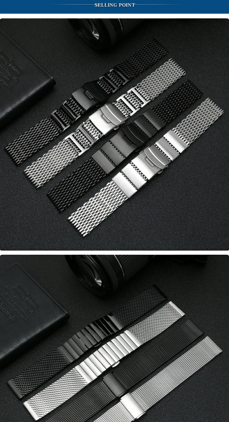 20/22/24mm Steel Dive Shark Mesh for Milanese Watch Bracelet Strap Band Weaving Double Snap Strap for Breitling Omega