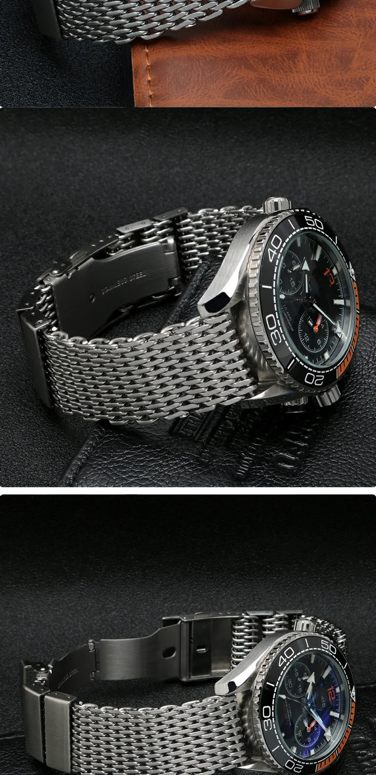 20/22/24mm Steel Dive Shark Mesh for Milanese Watch Bracelet Strap Band Weaving Double Snap Strap for Breitling Omega