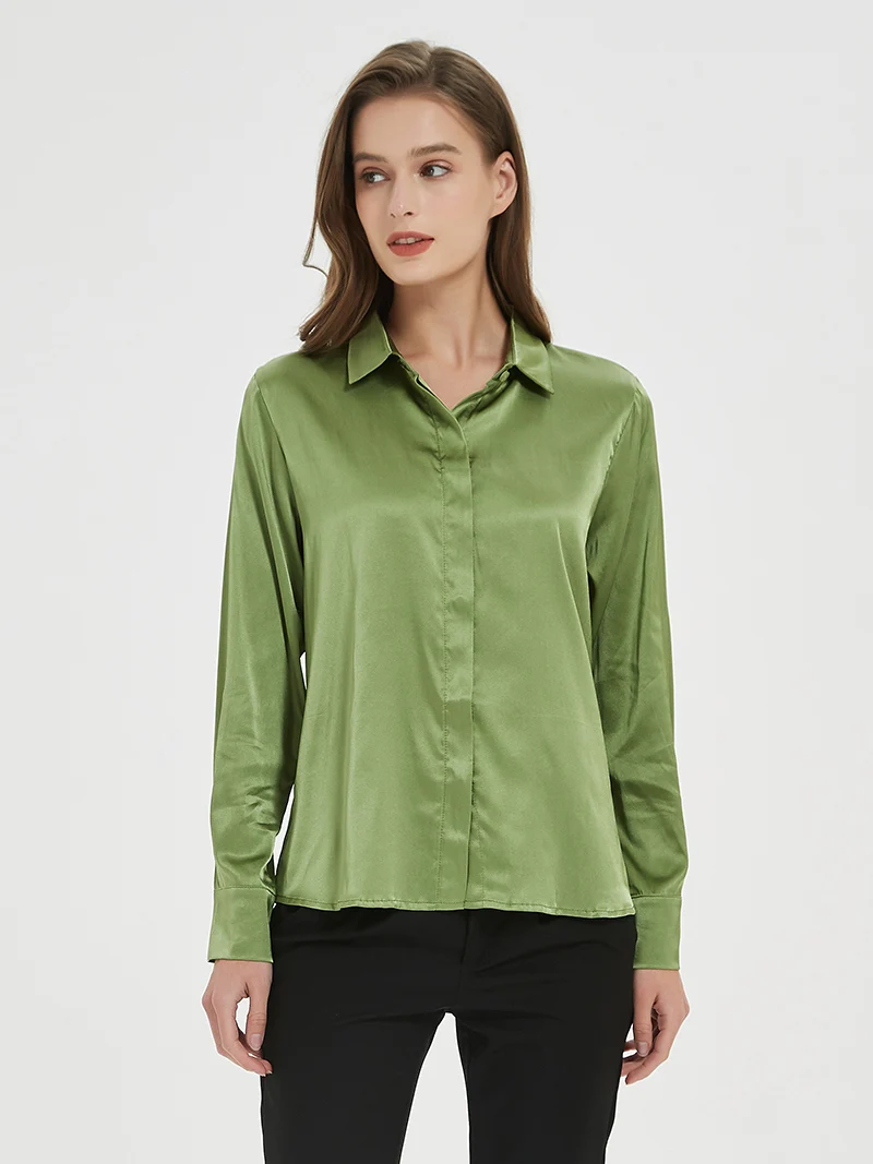 SuyaDream Woman Solid Shirts 93%Real Silk 7%Spandex Long Sleeves Chic Blouses, 2025 Spring Autumn Office Lady Top