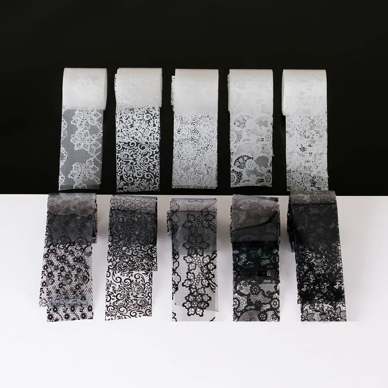 10 Rolls 2.5*60cm New Black White Lace Transfer Foil Nail Art Sexy Full Wraps Flower Glue Adhesive DIY Manicure Styling Tools