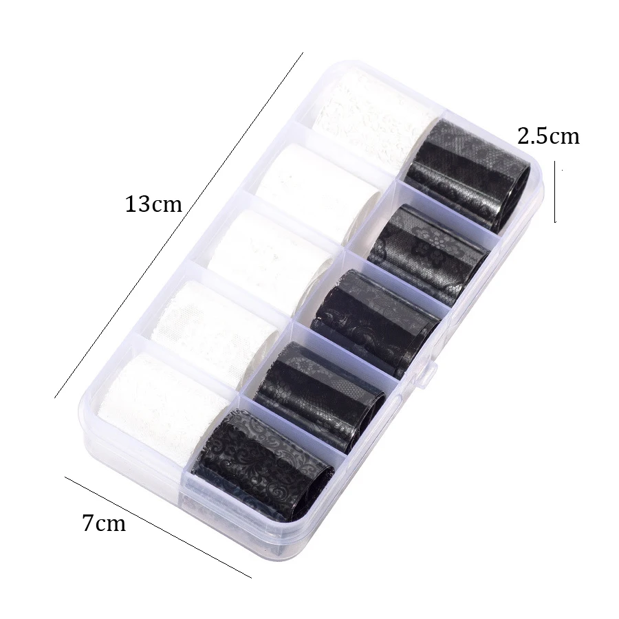 10 Rolls 2.5*60cm New Black White Lace Transfer Foil Nail Art Sexy Full Wraps Flower Glue Adhesive DIY Manicure Styling Tools
