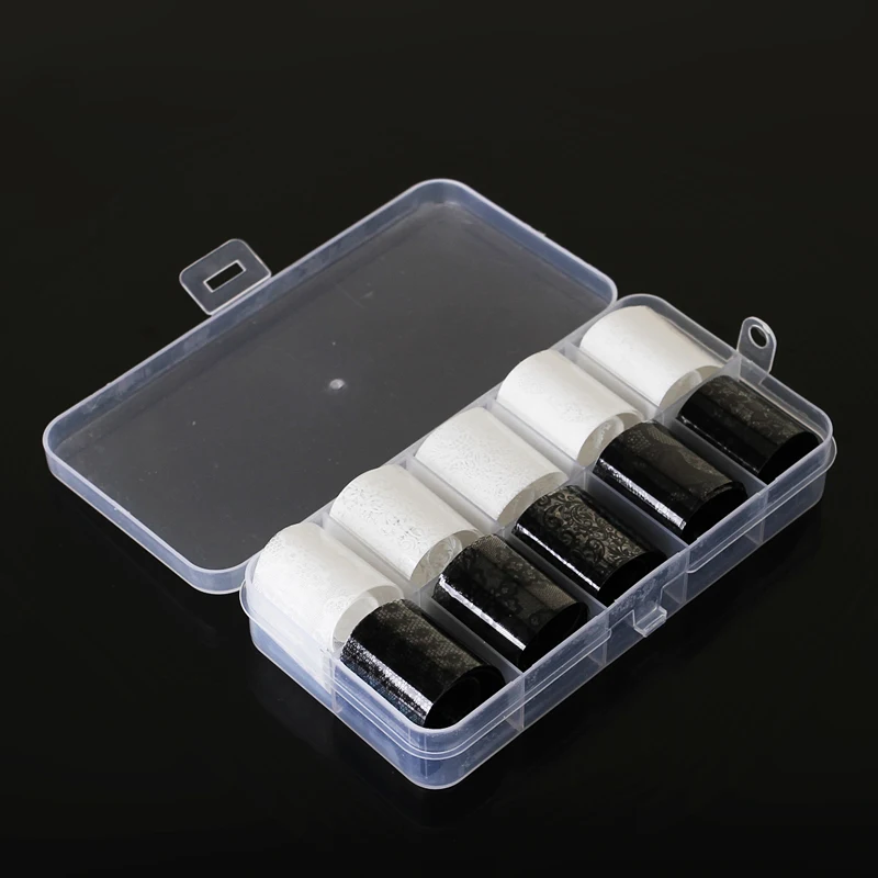 10 Rolls 2.5*60cm New Black White Lace Transfer Foil Nail Art Sexy Full Wraps Flower Glue Adhesive DIY Manicure Styling Tools
