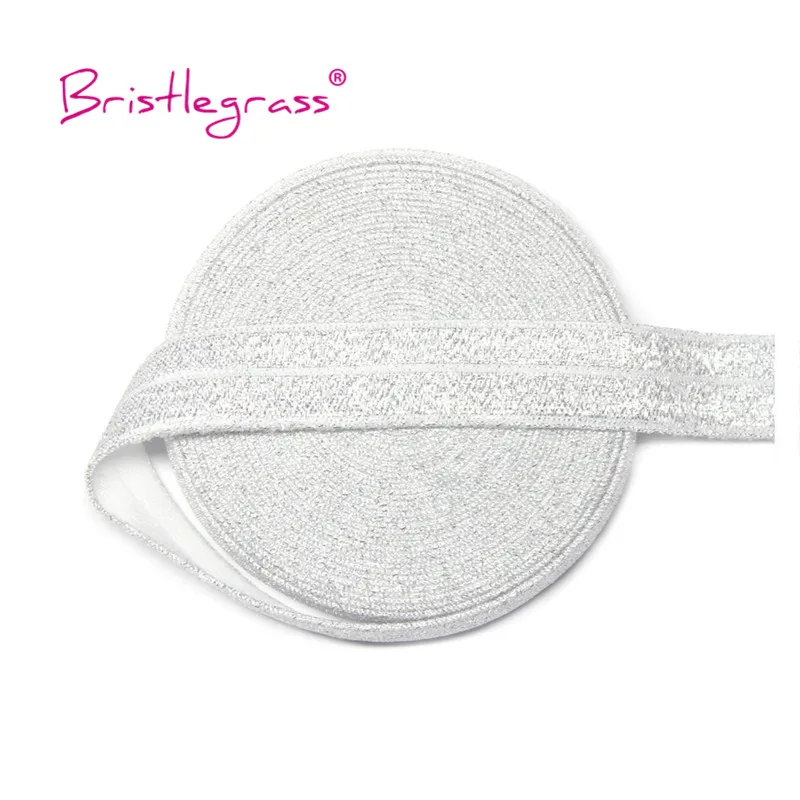 BRISTLEGRASS 2 5 10 Yard 5/8" 15mm Silver Glitter FOE Fold Over Elastics Spandex Bands Tapes Hair Tie Headband Dress Sewing Trim