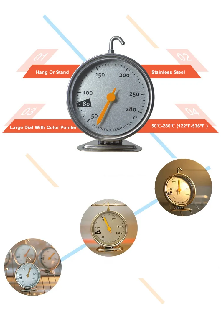 New Stainless Steel Oven Thermometer Hang Or Stand Large Dial Baking BBQ Cooking Meat Food Temperature Measurement