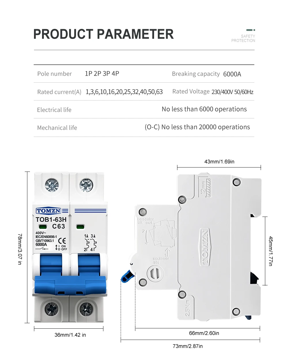TOMZN 2P AC MCB TOB1-63 C Type 230/400V~ 50Hz/60Hz Mini Circuit Breaker 6A 10A 16A 20A 25A 32A 40A 50A 63A