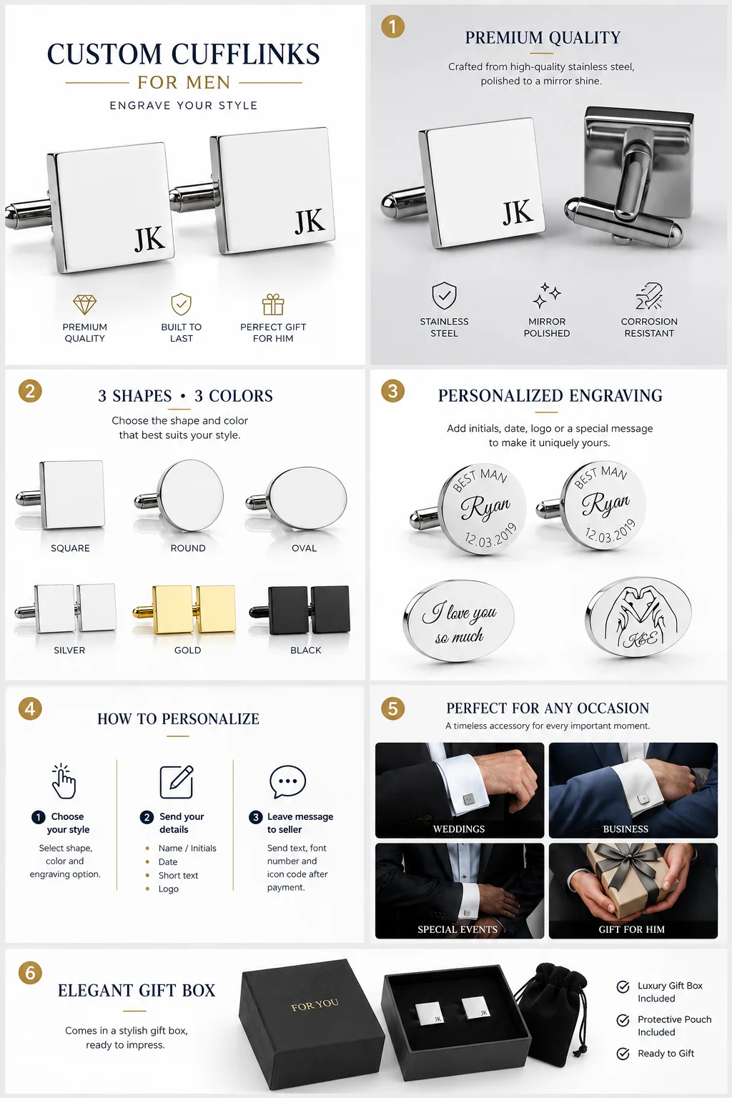 Personalized Man Cufflinks Stainless Steel Shirt Cuff Button Custom Wedding Father's Gifts Mens Cufflinks