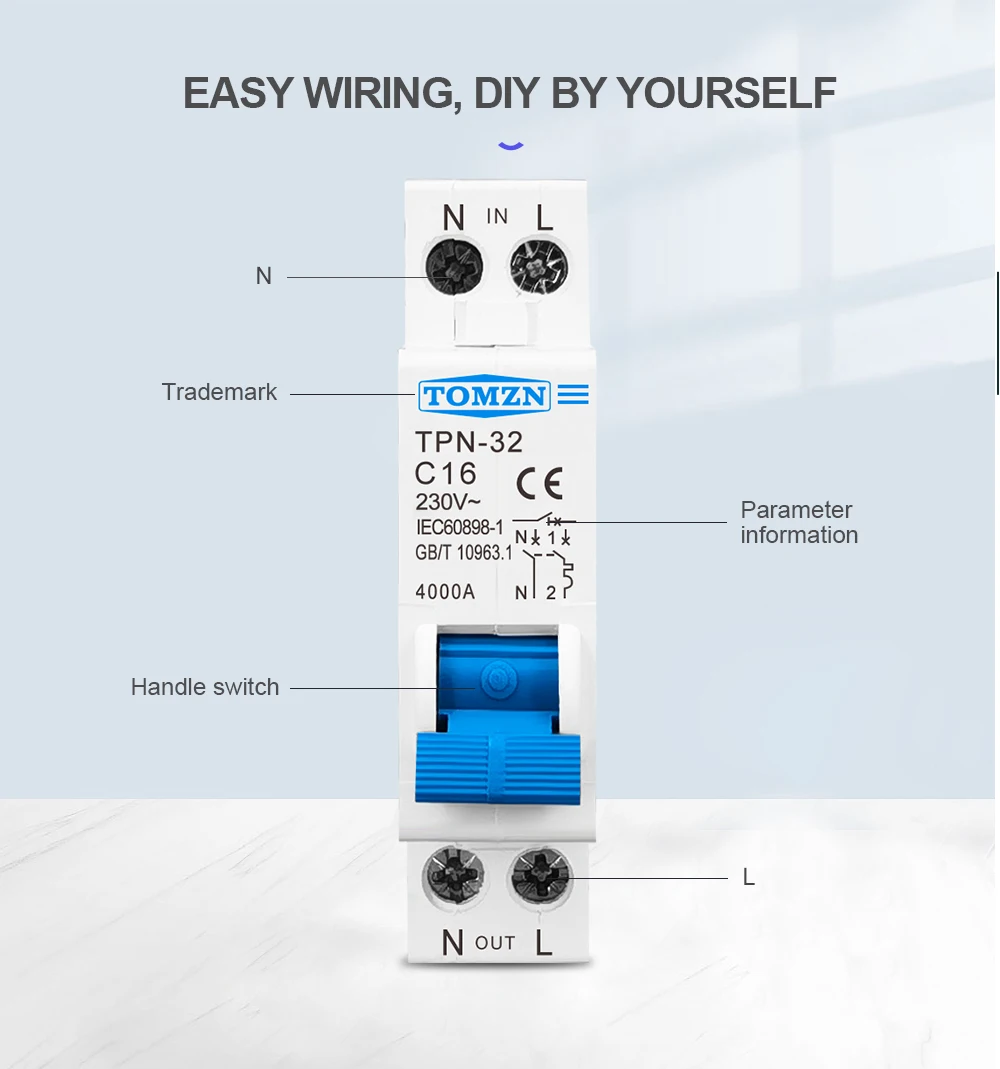 TOMZN TPN 1P+N 18mm Mini Circuit Breaker MCB 10A 16A 20A 25A 32A DIN Rail DPN Short-circuit Protector Overload Protection C Type