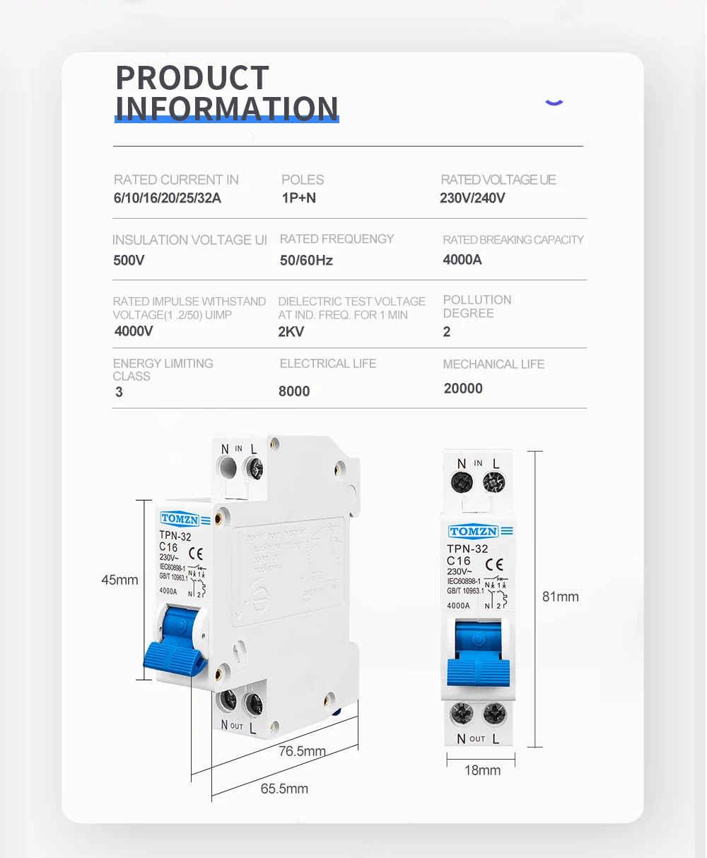 TOMZN TPN 1P+N 18mm Mini Circuit Breaker MCB 10A 16A 20A 25A 32A DIN Rail DPN Short-circuit Protector Overload Protection C Type