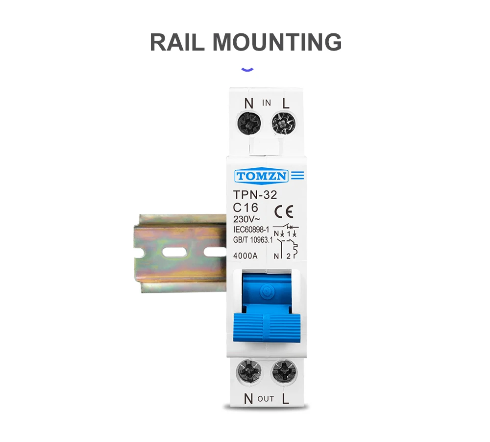 TOMZN TPN 1P+N 18mm Mini Circuit Breaker MCB 10A 16A 20A 25A 32A DIN Rail DPN Short-circuit Protector Overload Protection C Type