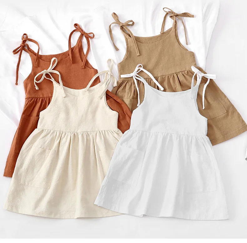Summer Toddler Girl Dress Sleeveless Cotton Kids Beach Dress with Pocket