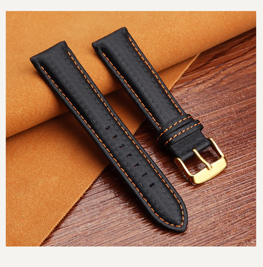 Genuine Leather Bracelet Carbon Fiber Grain Watchband 18mm 20mm Red Orange Stitching Watch Band 21mm 22mm 23mm 24mm Watch Strap