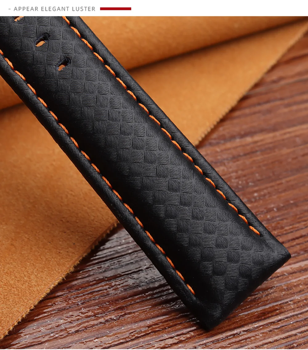 Genuine Leather Bracelet Carbon Fiber Grain Watchband 18mm 20mm Red Orange Stitching Watch Band 21mm 22mm 23mm 24mm Watch Strap