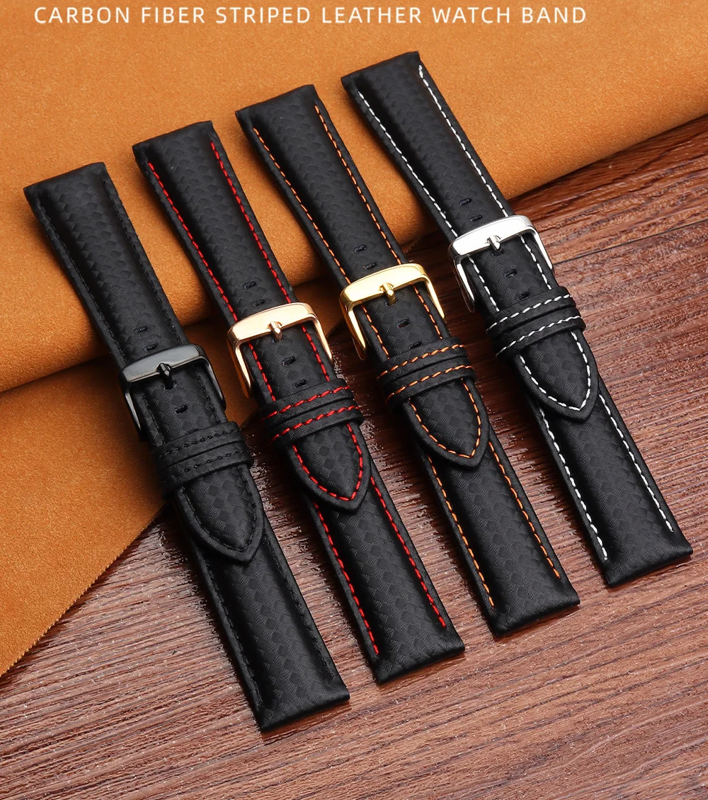 Genuine Leather Bracelet Carbon Fiber Grain Watchband 18mm 20mm Red Orange Stitching Watch Band 21mm 22mm 23mm 24mm Watch Strap