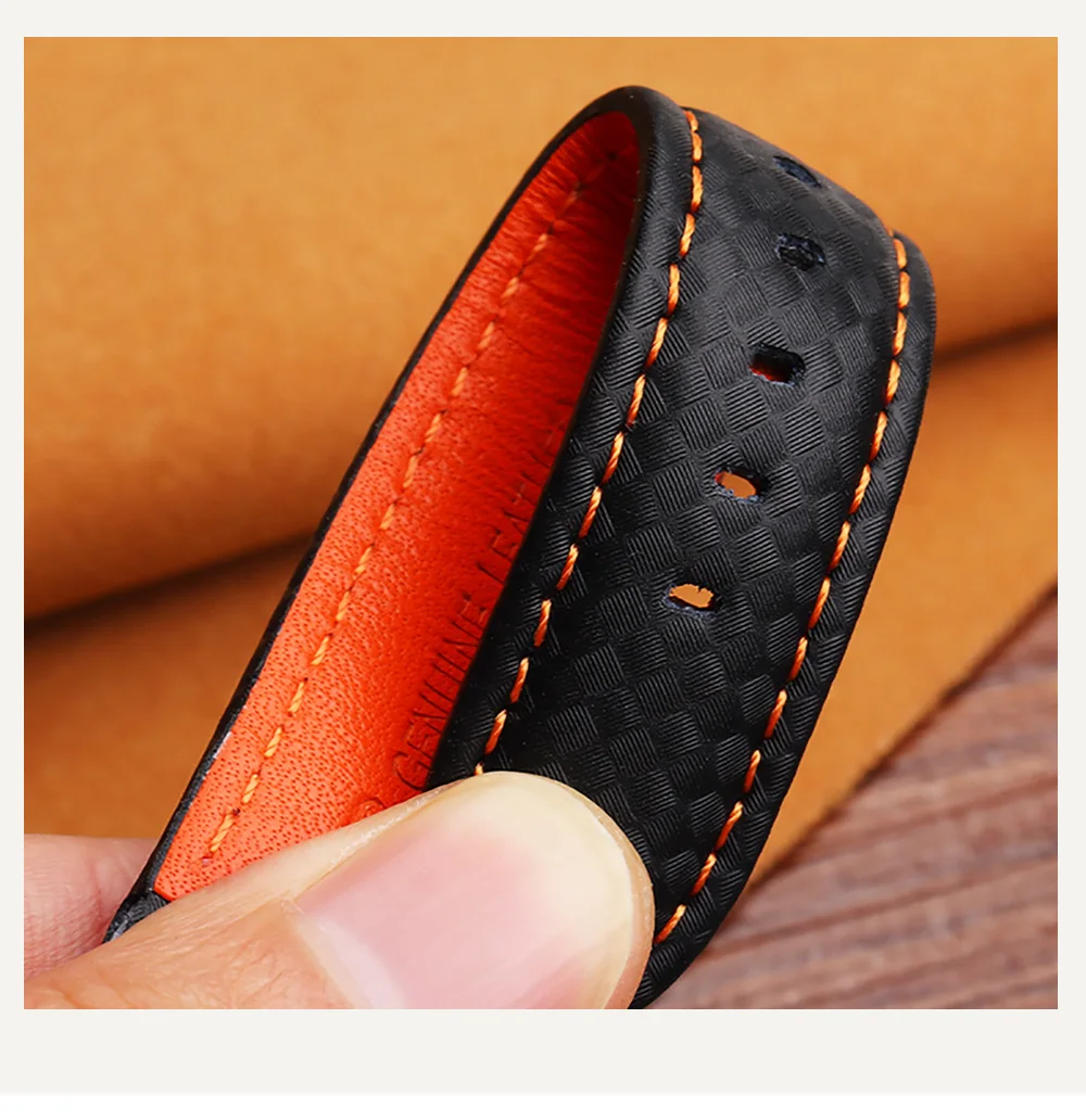Genuine Leather Bracelet Carbon Fiber Grain Watchband 18mm 20mm Red Orange Stitching Watch Band 21mm 22mm 23mm 24mm Watch Strap