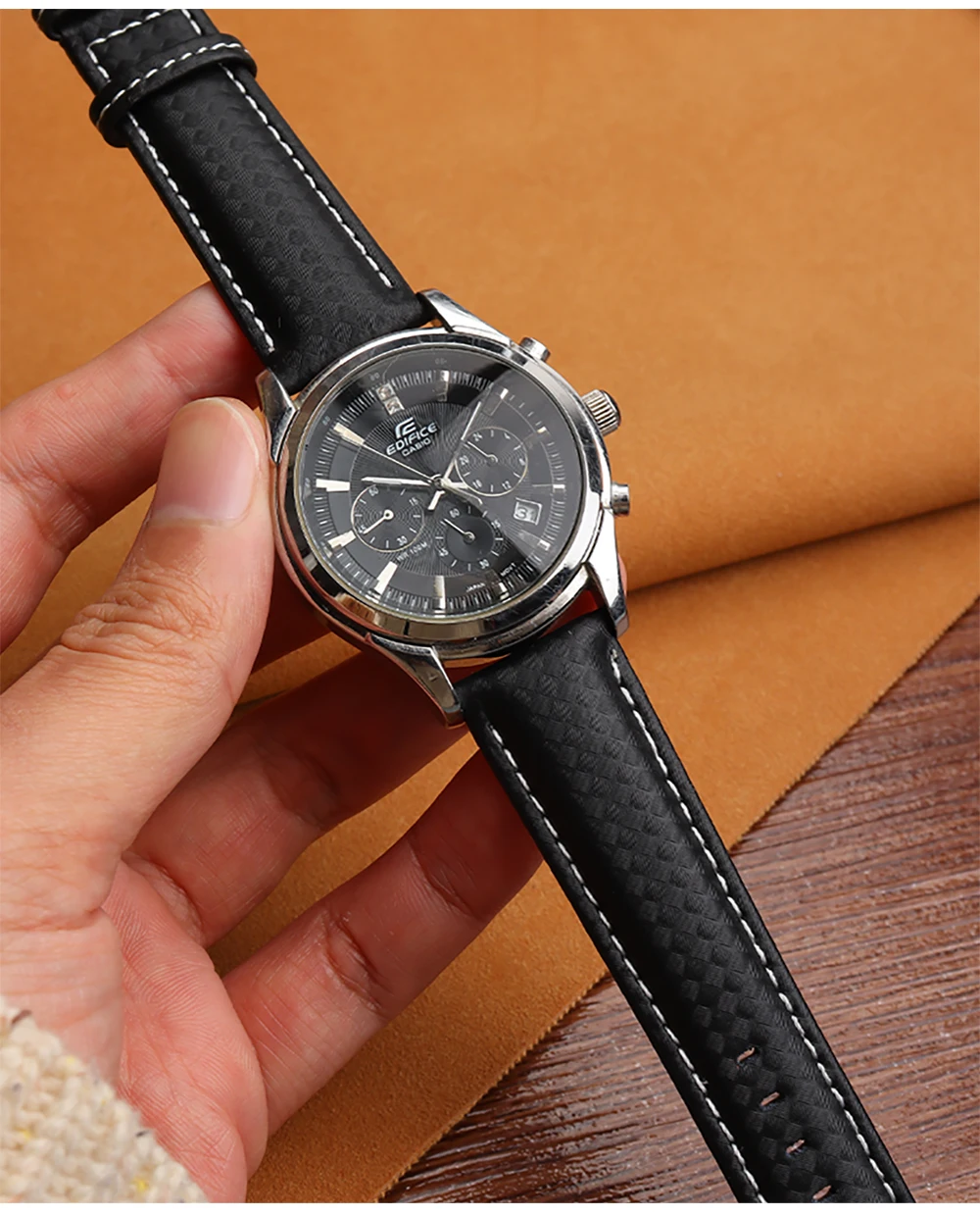 Genuine Leather Bracelet Carbon Fiber Grain Watchband 18mm 20mm Red Orange Stitching Watch Band 21mm 22mm 23mm 24mm Watch Strap