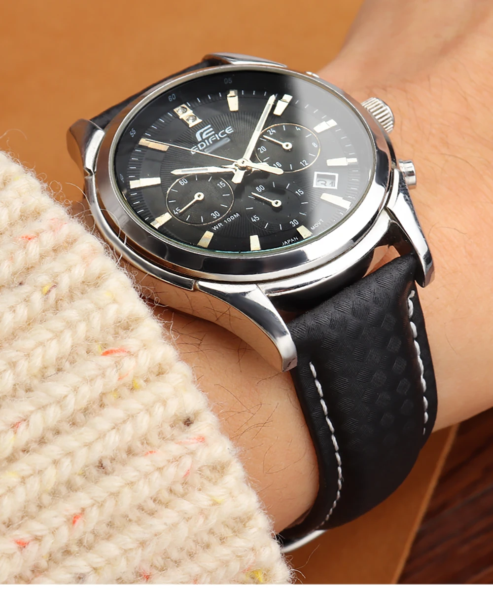 Genuine Leather Bracelet Carbon Fiber Grain Watchband 18mm 20mm Red Orange Stitching Watch Band 21mm 22mm 23mm 24mm Watch Strap