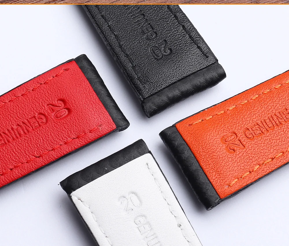 Genuine Leather Bracelet Carbon Fiber Grain Watchband 18mm 20mm Red Orange Stitching Watch Band 21mm 22mm 23mm 24mm Watch Strap