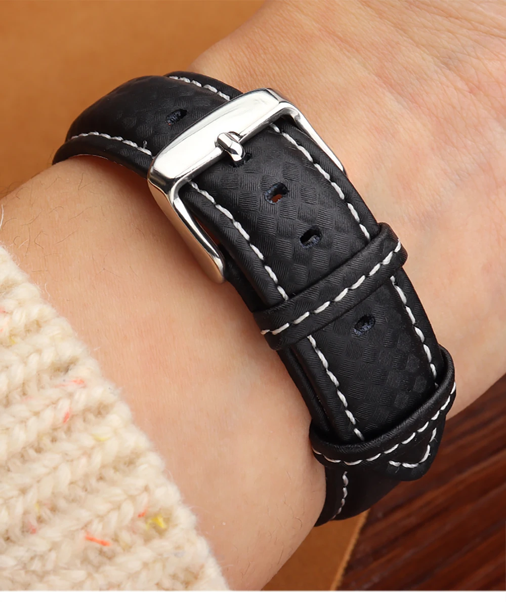 Genuine Leather Bracelet Carbon Fiber Grain Watchband 18mm 20mm Red Orange Stitching Watch Band 21mm 22mm 23mm 24mm Watch Strap