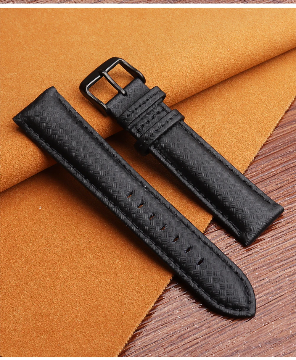 Genuine Leather Bracelet Carbon Fiber Grain Watchband 18mm 20mm Red Orange Stitching Watch Band 21mm 22mm 23mm 24mm Watch Strap